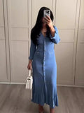 Cinessd Autumn Contrast Single Breasted Knitted Maxi Dress Women Elegant V-neck Ruffles Long Sleeve Chic Dresses Female Winter Vestidos