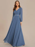 Cinessd Elegant Evening Dresses Waisted V-neck long sleeve Sequins Floor-Length 2024 Ever pretty of Chiffon Dusty Navy Bridesmaid dress