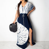 Cinessd - Side split lace up long dress Women short sleeve v neck summer beach dress Vintage print maxi dresses robe femme vestidos