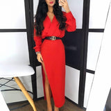 Cinessd - Solid Long Sleeve Slit Maxi Dress Women V Neck Red Black White Long Dress Casual Loose Spring Plunge Dresses Robe Femme