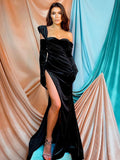 Cinessd - Solid Satin Asymmetric Slit Long Sleeve Dress