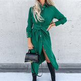 Cinessd - Slim Lace Up Long Sleeve Turn Down Collar Maxi Dress