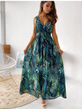 Cinessd - Chiffon Floral Print V-neck Sleeveless Beach Party Dress