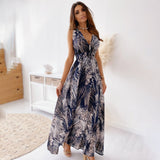 Cinessd - Chiffon Floral Print V-neck Sleeveless Beach Party Dress