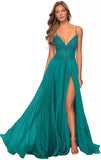 Cinessd - V-Neck Prom Dress Lace Appliques Long Slit Backless Evening Dress