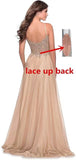 Cinessd - V-Neck Prom Dress Lace Appliques Long Slit Backless Evening Dress