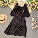 Cinessd - Square Collar Maxi Dress Women Solid Chiffon Puff Sleeve Dresses