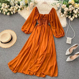 Cinessd - Square Collar Maxi Dress Women Solid Chiffon Puff Sleeve Dresses