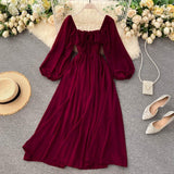 Cinessd - Square Collar Maxi Dress Women Solid Chiffon Puff Sleeve Dresses