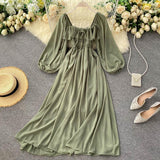 Cinessd - Square Collar Maxi Dress Women Solid Chiffon Puff Sleeve Dresses