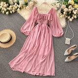 Cinessd - Square Collar Maxi Dress Women Solid Chiffon Puff Sleeve Dresses