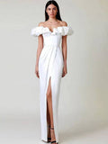 Cinessd - One-Shoulder Puff Sleeve Wrap Chest Slit Long Dress