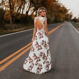 Cinessd - Women Boho Backless Irregular Floral Pinted Dress Summer Deep V Trim Long Maxi Dresses Open Back Party Bohemian Vestidos