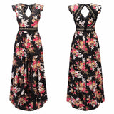 Cinessd - Women Boho Backless Irregular Floral Pinted Dress Summer Deep V Trim Long Maxi Dresses Open Back Party Bohemian Vestidos