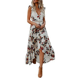 Cinessd - Women Boho Backless Irregular Floral Pinted Dress Summer Deep V Trim Long Maxi Dresses Open Back Party Bohemian Vestidos