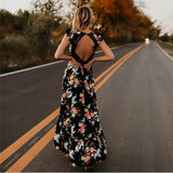 Cinessd - Women Boho Backless Irregular Floral Pinted Dress Summer Deep V Trim Long Maxi Dresses Open Back Party Bohemian Vestidos