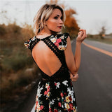 Cinessd - Women Boho Backless Irregular Floral Pinted Dress Summer Deep V Trim Long Maxi Dresses Open Back Party Bohemian Vestidos