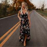 Cinessd - Women Boho Backless Irregular Floral Pinted Dress Summer Deep V Trim Long Maxi Dresses Open Back Party Bohemian Vestidos