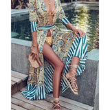 Cinessd - Women Flower Striped Print Boho Dress Sashes Wrap Dress Summer Slit Long Sleeve Beach Maxi Dresses Vintage Robe Femme