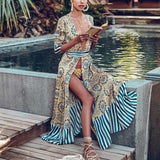 Cinessd - Women Flower Striped Print Boho Dress Sashes Wrap Dress Summer Slit Long Sleeve Beach Maxi Dresses Vintage Robe Femme