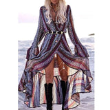 Cinessd - Women Summer Boho Floral Long Maxi Dress Chiffon Ladies Long Sleeve V-Neck Party Beach Casual Dresses Sundress