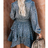 Cinessd - Women Summer Polka Dot Long Sleeve V-Neck Maxi Dress Fashion Boho Holiday Beach Pierced Ruffled Asymmetrical Dress Sundress