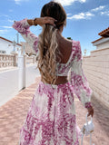 Cinessd - V-Neck Backless Hollow Out Lantern Sleeve Maxi Dress