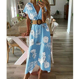 Cinessd - Women V-neck Boho Floral Belted Maxi Dress Summer Ladies Casual Short Sleeve Party Beach Sundress Holiday Clothing