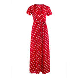 Cinessd - Women Wrap Summer Boho Polka Dot Maxi Dress Casual Ladies Short Sleeve V Neck Holiday Beach Long Sundress Plus Size