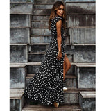 Cinessd - Women Wrap Summer Boho Polka Dot Maxi Dress Casual Ladies Short Sleeve V Neck Holiday Beach Long Sundress Plus Size