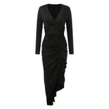 Cinessd - Solid Color Long Sleeve High Slit Ruched Elegant Split Slim Maxi Dress