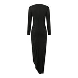 Cinessd - Solid Color Long Sleeve High Slit Ruched Elegant Split Slim Maxi Dress