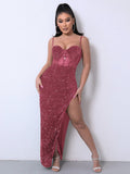 Cinessd - Mesh Patchwork High Side Split Sequin Bodycon Dress