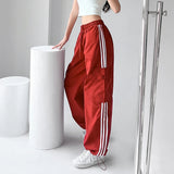 Cinessd Party Outfit Striped Sweatpants Women Hip Hop Streetwear Baggy Wide Leg Cargo Pants Bf Y2K High Waist Drawstring Joggers Trousers