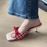 Cinessd Design Shoes Retro Plaid Bow Sandals Kitten Heels French Style Peep Toe Shoes Mixed Color Sweet and Cute Women's Vocation Shoes ootd outfit idea