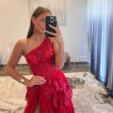 Cinessd Wine Red Prom Dresses Lace Sequins Evening Dress Sleeveless One Shoulder Customized Side Split Party vestidos de fiesta