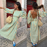 Cinessd Fashion Striped Print Backless Long Dress For Women Elegant O Neck Lantern Sleeve Midi Dresses 2024 Summer High Waist Beach Robe