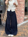 Cinessd Party Outfit Women's Deep Blue Loose Wide Leg Jeans Street Cool Girl High Waist Baggy Pants Female Casual Straight Denim Trousers