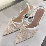 Cinessd Mesh Embroidered Brand Sandals Women String Bead Thin Heels Mules Shoes Pointed Toe Slingback Slippers Women Zapatos De Mujer ootd outfit idea