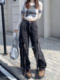 Cinessd Party Outfit American Street Style Cargo Pants for Women Dark Gray Spring New Wide Leg Pants Women Loose Niche Design Y2k Jeans