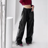 Cinessd Party Outfit Striped Sweatpants Women Hip Hop Streetwear Baggy Wide Leg Cargo Pants Bf Y2K High Waist Drawstring Joggers Trousers