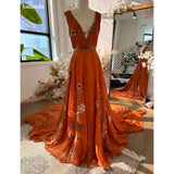 Cinessd BOHO Orange Chiffon Elegant Party Sleeveless V-neck Long Train Evening Dress Floor-Length Flowers vestidos de fiestas