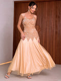 Cinessd - Contrast Sequins Mesh Panel Prom Dress