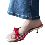 Cinessd Design Shoes Retro Plaid Bow Sandals Kitten Heels French Style Peep Toe Shoes Mixed Color Sweet and Cute Women's Vocation Shoes ootd outfit idea