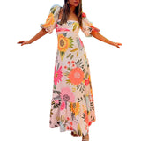 Cinessd party look inspos Women Elegant Printed Square Neck Maxi Dress Summer Fashion Short Lantern Sleeve A-line Dresses Female New Vacation Street Robes