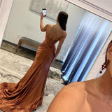 Cinessd Brown Off Shoulder Prom Dresses Heart Shaped Neck Evening Dress Customized Long Train Mermaid Party vestidos de fiesta