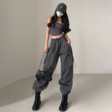 Cinessd Party Outfit American Workwear Pants Women Loose Solid Elastic High Waist Drawstring Pockets Versatile Trend Sports Casual Wide Leg Trousers