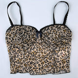 Cinessd Retro Leopard Print Camis Vintage 2000s Bow Stitched Sleeveless Lace Strap Crop Top Women Summer See Through Mesh Tee y2k ootd