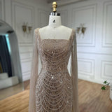 Cinessd Customized Champagne Beaded Square Collar robes de soir¨¦e Long Sleeves A-line Party Dresses Floor-Length Prom Dress 2025