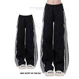 Cinessd party outfit  Deeptown Vintage Striped Black Sports Pants Women Baggy Patchwork Lace Wide Leg Jogging Trousers Summer Korean Casual Sweatpants